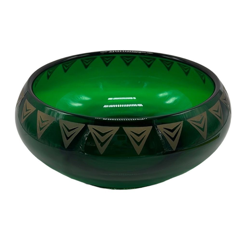 Dalzell Viking Bowl Epic Line Vintage Green Glass Geometric Gold Triangles MCM